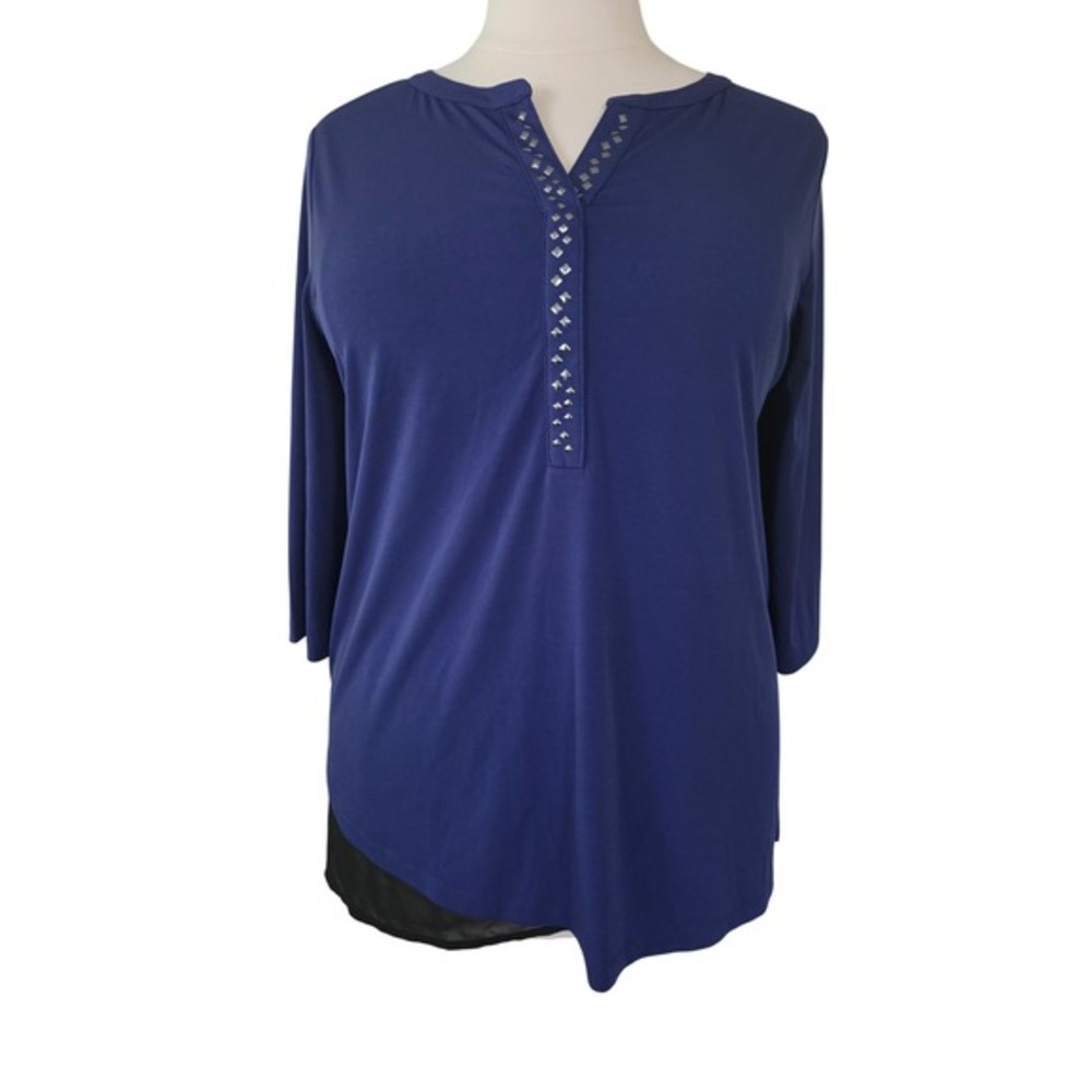 Catherines Blue Studded Split Neck Layered Hem Tunic Top 0X 14W 16W NWT